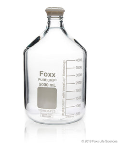 PUREGRIP® Reusable Round Glass Media Storage Bottles with GL45 VersaCap, Pouring Ring, and Extra Large Marking Spot, 5 L (5,000 mL), 1/EA