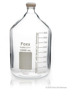 PUREGRIP® Reusable Round Glass Media Storage Bottles with GL45 VersaCap, Pouring Ring, and Extra Large Marking Spot, 10 L (10,000 mL), 1/EA