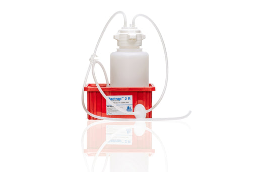 Medical device with a white container and red base on a white background