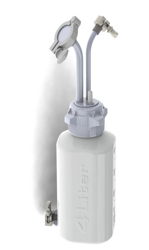 EZBio® 4L PP reservoir with Mini TC, Maxi TC, 3/8" hose barb, and bottom Mini TC, non-sterile configuration