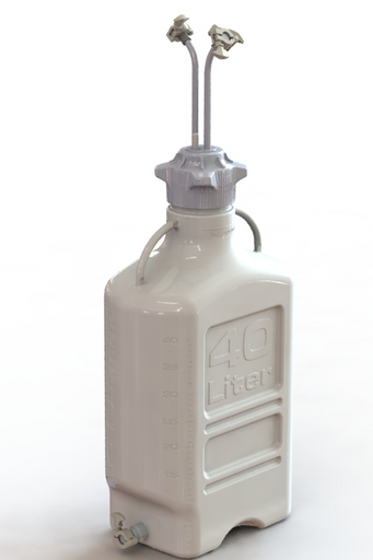 EZBio® 40L PP rectangular carboy with 120mm VersaCap®, 3 Mini TC ports, 3/8" hose barb, and bottom Mini TC, non-sterile