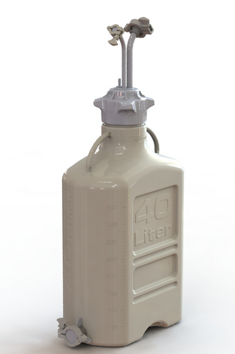EZBio® 40L PP rectangular carboy with Mini TC, Maxi TC, 3/8" hose barb, and bottom Maxi TC, non-sterile