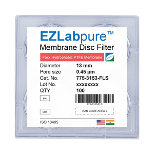EZLabpure™ 0.45 µm PTFE Hydrophobic Membrane, 13 mm Disc Filters, Non-Sterile 100/PK