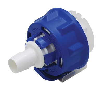 Blue and white mechanical component on a white background