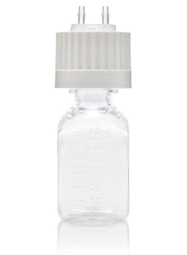 EZBio Titanium Square Bottle-SUT, PETG, 60ml, VersaCap 38-430 w/ 2x1/8" HB w/o Tubing, Non-Sterile-10-cs