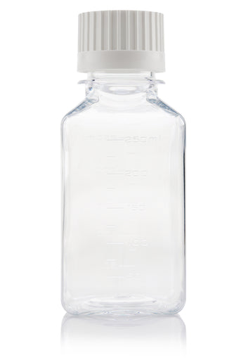 PETG space saving, square media bottle; with patented VersaCap technology