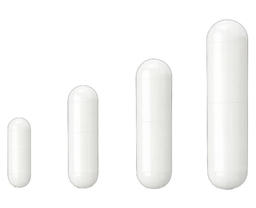 Four white capsule-shaped containers of varying sizes arranged in ascending order on a plain white background.