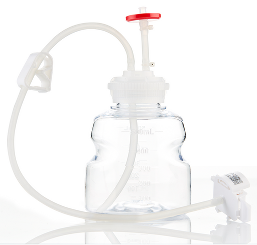 Clear plastic container with a red valve on a white background