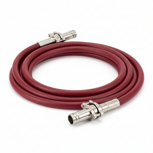 Red garden hose with silver connectors on a white background