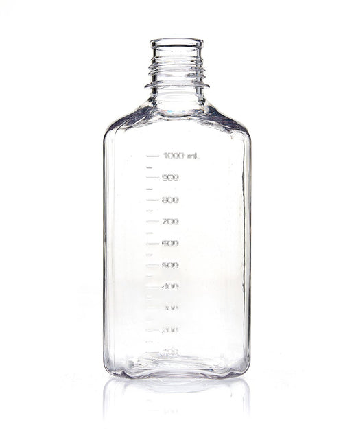 EZBio® Square Bottle, 1L, Polycarbonate (PC), Non-Sterile, 38-430mm Neck, No Cap, 12/pk