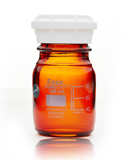PUREGRIP® Bottles, Reagent, Amber Graduated with GL45 Screw Cap and Pouring Ring, 100mL, 10/case