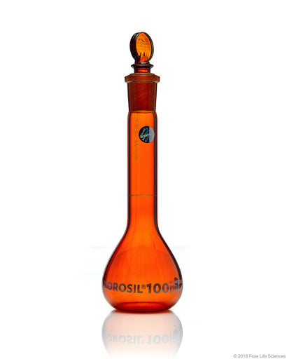 Amber Volumetric Flask, Wide Neck, With Glass I/C Stopper, Class A with Batch certificate, 100mL