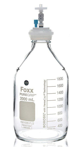 HPLC Solvent Reservoir Bottle Assembly, GL45, 2L Clear, Class VI Polytetrafluoroethylene (PTFE) Adapter,  1 Ports for 3.2mm(1/8") or 1.6mm(1/16") OD Tubing