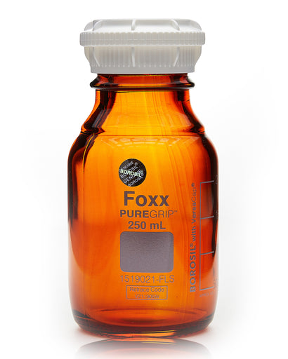 PUREGRIP® Bottles, Reagent, Amber Graduated with GL45 Screw Cap and Pouring Ring, 250mL, 10/case