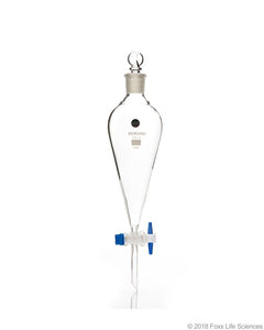Borosil® Separating Funnel Pear Shape Boroflo Stopcock Polytetrafluoroethylene (PTFE) Key I/C glass stopper 250 mL, CS/10