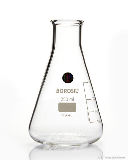 Borosil® Erlenmeyer Conical Flasks Narrow Mouth I/C Stopper 250mL