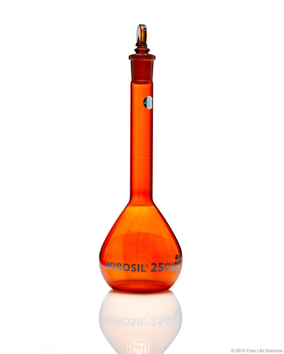 Flask, Glass, Amber, Vol, Wide Neck, ASTM, IC Stopper, Class A, 250mL