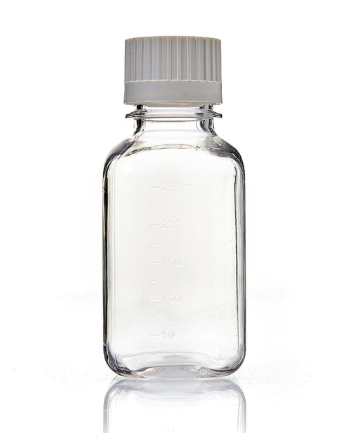 EZBio® Square Bottle, 250mL, Polycarbonate (PC), Sterilized, 38-430mm Versacap®, 24/pk