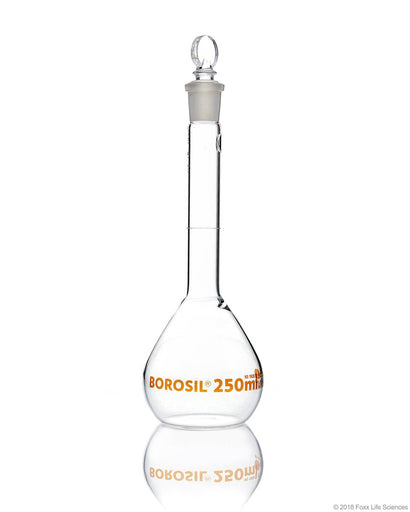 Borosil Volumetric Flask With Glass/Plastic Stopper, ASTM E288 Class A, Ind Cert 500 mL