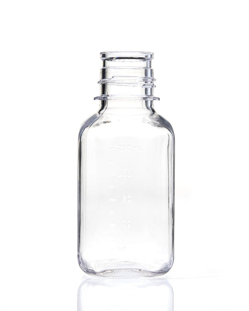 EZBio® Square Bottle, 250mL, Polycarbonate (PC), Non-Sterile, 38-430mm Neck, No Cap, 24/pk