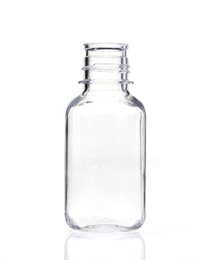 EZBio® Square Bottle, 250mL, Polycarbonate (PC), Non-Sterile, 38-430mm Neck, No Cap, 24/pk