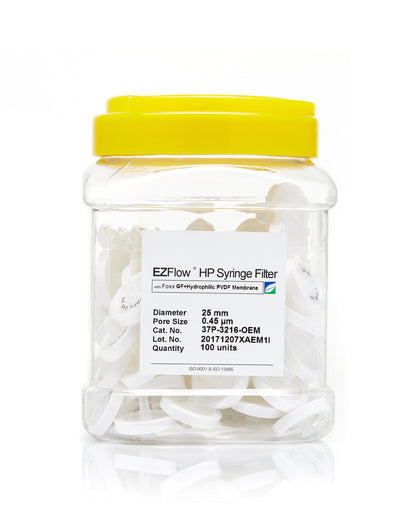 EZFlow® 25mm HP Syringe Filter, .45μm Hydrophilic Polyvinylidene Fluoride (PVDF), 100/pack