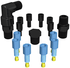EZwaste® HPLC Solvent Waste System, Replacement Fittings, Six (6x) Blue Nut and Yellow Ferrule for 1/8 Inch OD, Six (6x) Black Plug for 1/8 Inch OD Port, Elbow and Straight Fittings for Carbon Filter, Black Plug for Carbon Filter Port, 1/PK, 1/EA