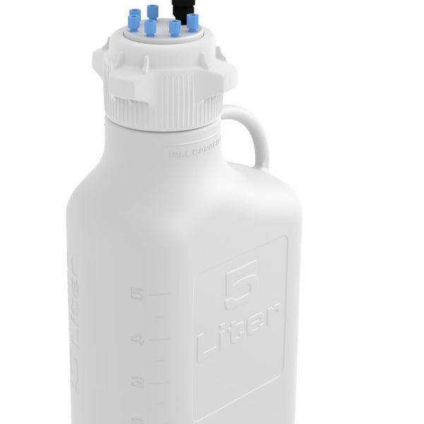 EZwaste® Safety Vent Carboy 5L High Density Poly Ethylene (HDPE) with VersaCap® 83B, 6 Ports for 1/8'' OD Tubing and a Chemical Exhaust Filter