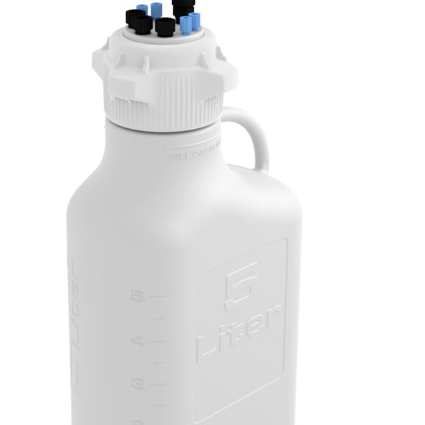 EZwaste® Safety Vent Carboy 5L High Density Poly Ethylene (HDPE) with VersaCap® 83B, 4 ports for 1/8" OD Tubing, 3 ports for 1/4" OD Tubing