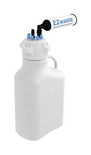 EZwaste® HPLC Solvent Waste System, 5 L Heavy Duty Reusable Carboy, 83 mm (83B) VersaCap with Six (6x) Ports for 1/8 Inch O.D. Tubing; 1/4 Inch & 3/8