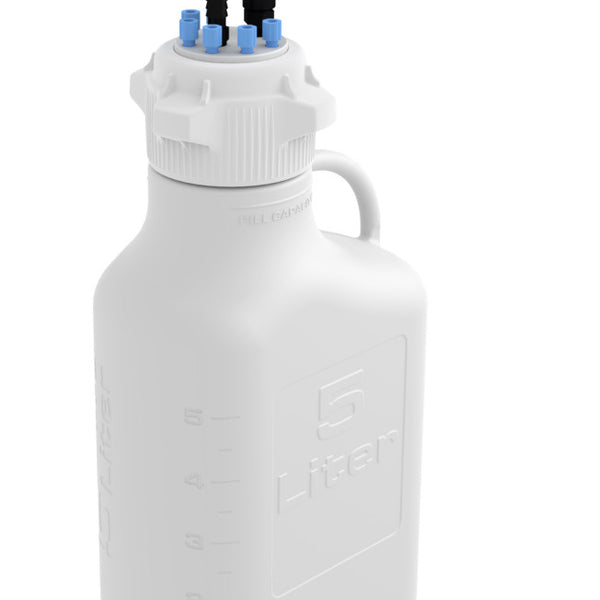 EZwaste® Safety Vent Carboy 5L High Density Poly Ethylene (HDPE) with VersaCap® 83B, 6 ports for 1/8" OD Tubing, 1 port for 1/4" HB or 3/8"HB