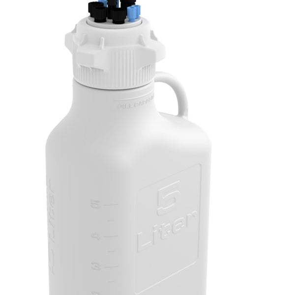 EZwaste® Safety Vent Carboy 5L High Density Poly Ethylene (HDPE) with VersaCap® 83B, 4 ports for 1/8" OD Tubing, 3 ports for 1/4" OD Tubing, 1 port for 1/4" HB or 3/8" HB