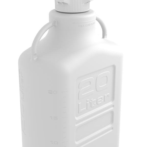 EZwaste® Safety Vent Carboy 20L High Density Poly Ethylene (HDPE) with VersaCap® 83B, 4 ports for 1/8" OD Tubing, 4 ports for 1/4" OD Tubing