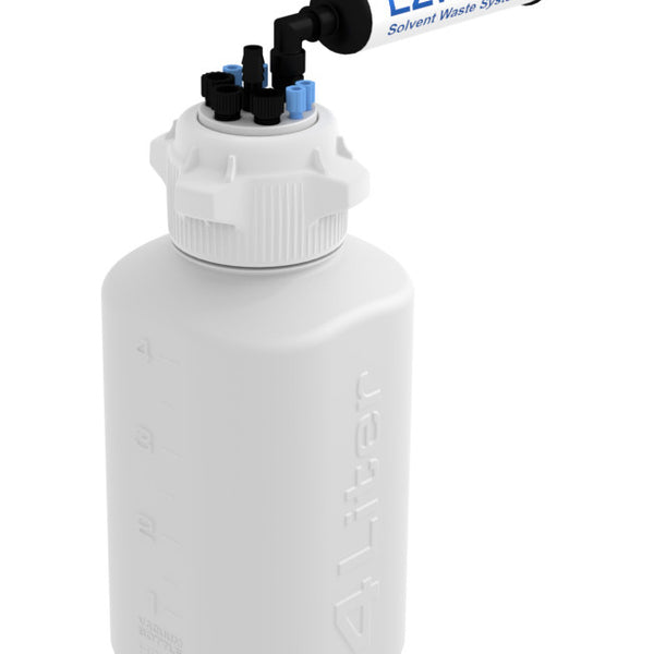 EZwaste® Safety Vent Bottle 4L High Density Poly Ethylene (HDPE) with VersaCap® 83B, 4 ports for 1/8" OD Tubing, 3 ports for 1/4" OD Tubing, 1 port for 1/4" HB or 3/8" HB