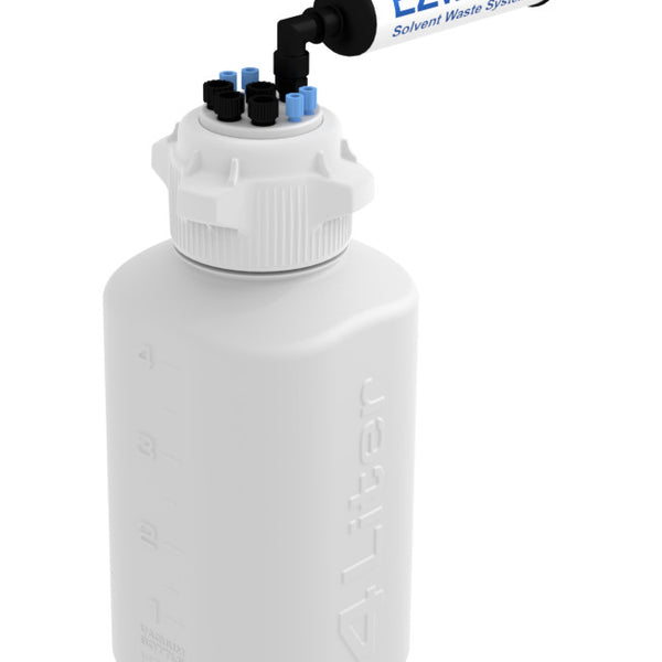 EZwaste® Safety Vent Bottle 4L High Density Poly Ethylene (HDPE) with VersaCap® 83B, 4 ports for 1/8" OD Tubing, 4 ports for 1/4" OD Tubing