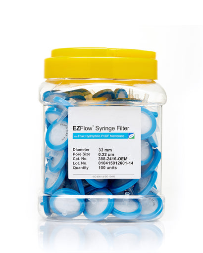 EZFlow® 33mm Syringe Filter, .2μm Hydrophilic Polyvinylidene Fluoride (PVDF), 100/pack