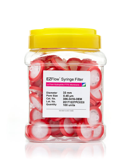 EZFlow® 33mm Syringe Filter, .45μm Hydrophilic Polytetrafluoroethylene (PTFE) 100/pack
