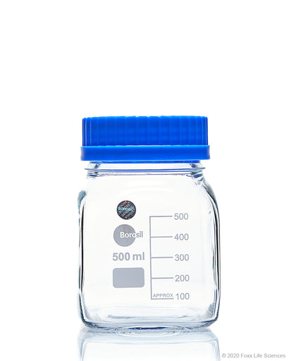 Borosil® Wide Mouth Glass Bottles - Square - 500mL - CS/10
