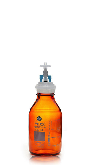 HPLC Solvent Reservoir Bottle Assembly, GL45, 500mL Amber, Class VI Polytetrafluoroethylene (PTFE) Adapter,  2 Ports for 3.2mm(1/8