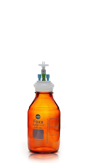 HPLC Solvent Reservoir Bottle Assembly, GL45, 500mL Amber, Class VI Polytetrafluoroethylene (PTFE) Adapter,  3 Ports for 3.2mm(1/8