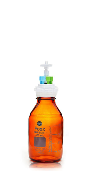 HPLC Solvent Reservoir Bottle Assembly, GL45, 500mL Amber, Class VI Polytetrafluoroethylene (PTFE) Adapter,  4 Ports for 3.2mm(1/8
