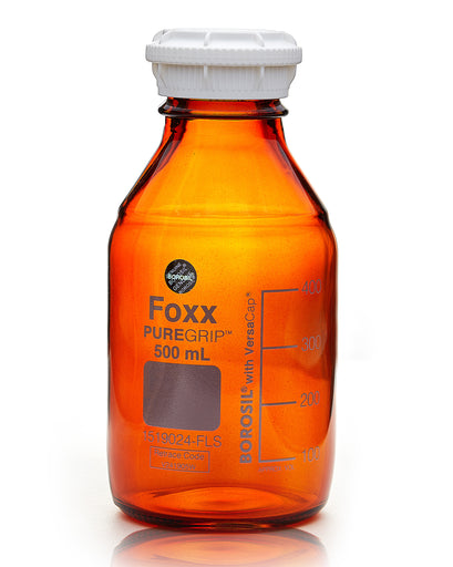 PUREGRIP®  Bottles, Reagent, Amber Graduated with GL45 Screw Cap and Pouring Ring, 500mL, 10/case