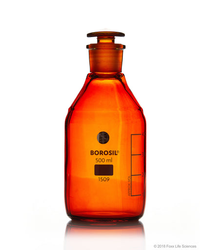 Borosil® Amber Reagent Bottles, Plain, Narrow Mouth, Graduated 500 mL, 24/29 CS/10