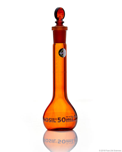 Amber Volumetric Flask, Wide Neck, With Glass I/C Stopper, Class A with Batch certificate, 50mL