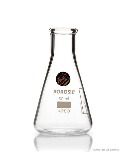 Borosil® Erlenmeyer Conical Flasks Narrow Mouth I/C Stopper 50mL