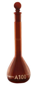 Borosil® Flasks, Volumetric, Class A, Amber, Polypropylene (PP) Stopper, 50mL, 12/21, Batch Cert, CS/10