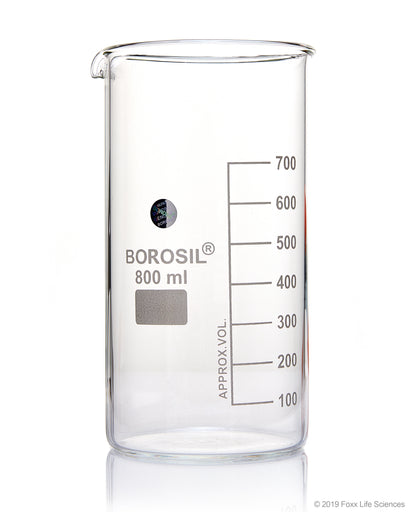 Borosil® Tall-Form Glass Beakers with Spout - 800mL - CS/20