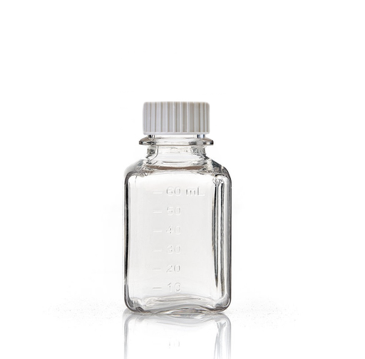 EZBio® Square Bottle, 60mL, Polycarbonate (PC), Sterilized, 24-415mm Closed Versacap®, 24/pk