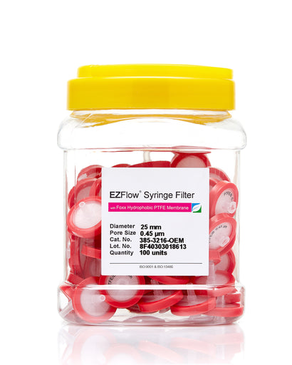 EZFlow® 25mm Syringe Filter, .45μm Hydrophobic Polytetrafluoroethylene (PTFE), 100/pack